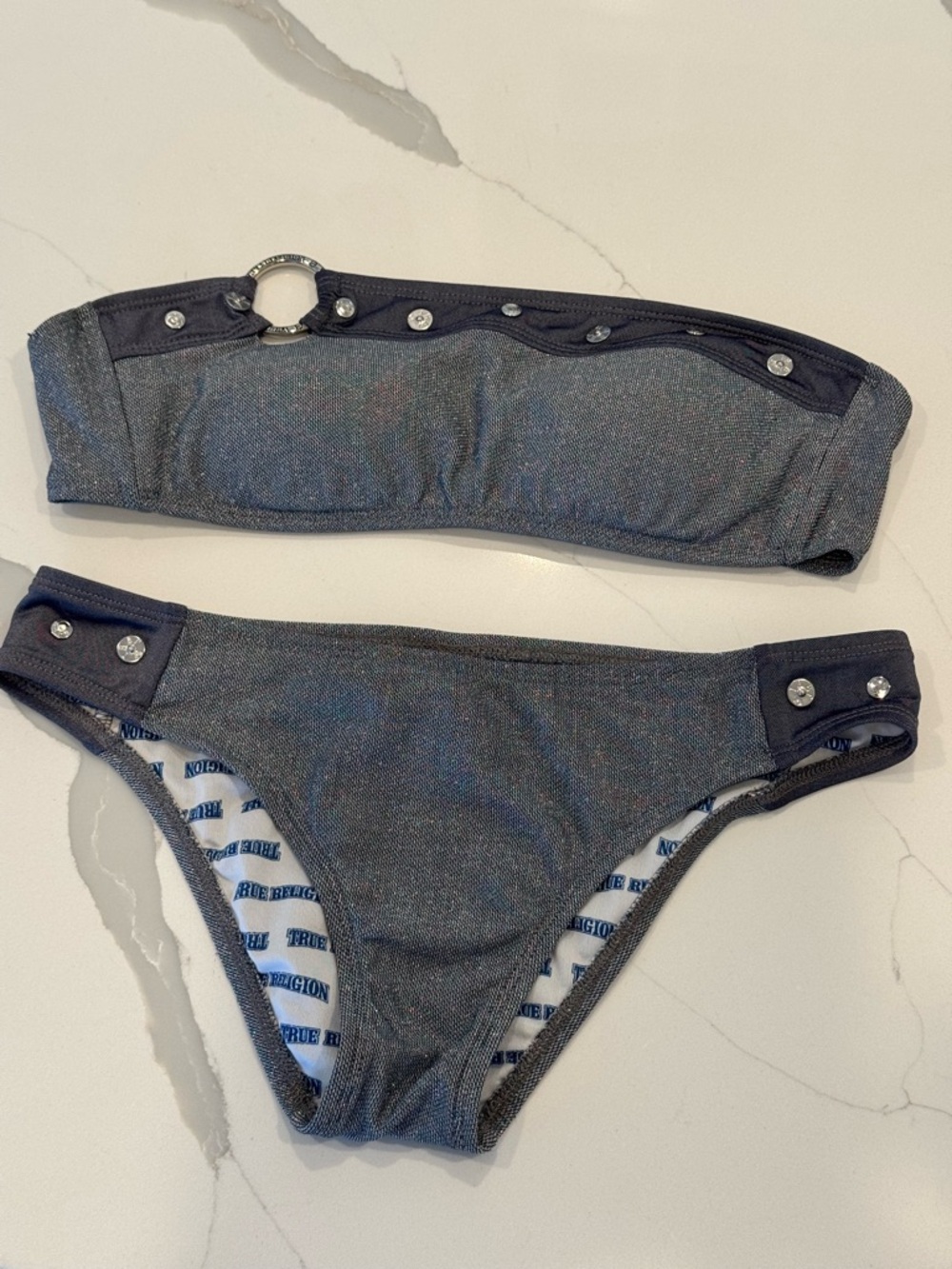 True Religion Bikini Shimmer Gray Bandeau Bikini with Ring Detail Sz. S